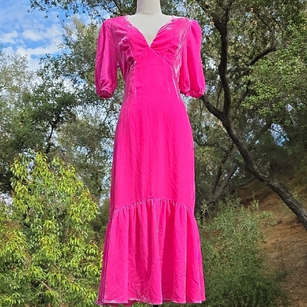 RHODE Bright Pink Puff-Sleeve Midi Dress - Picture 2 of 7